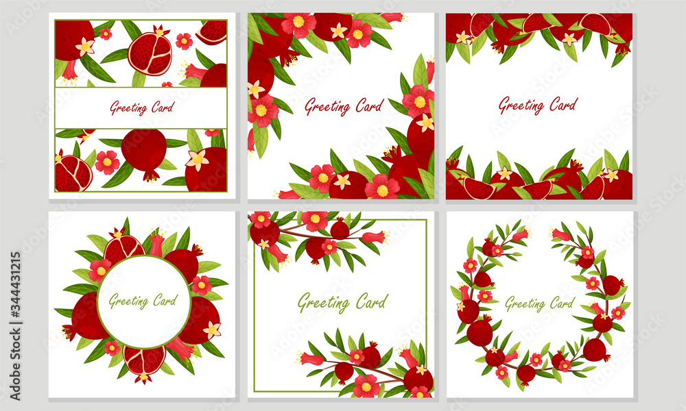 Greeting Cards with Pomegranate Leaves and Fruit Framing the Border and Arranged in Wreath Vector Set Greeting Cards with Pomegranate Leaves and Fruit Framing the Border and Arranged in Wreath Vector Set
