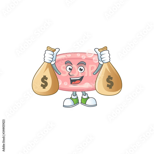 Blissful rich pink soap cartoon character having money bags