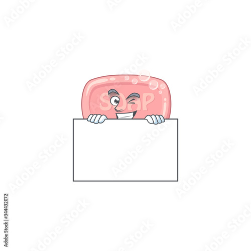 Sneaky pink soap cartoon character style hiding behind a board