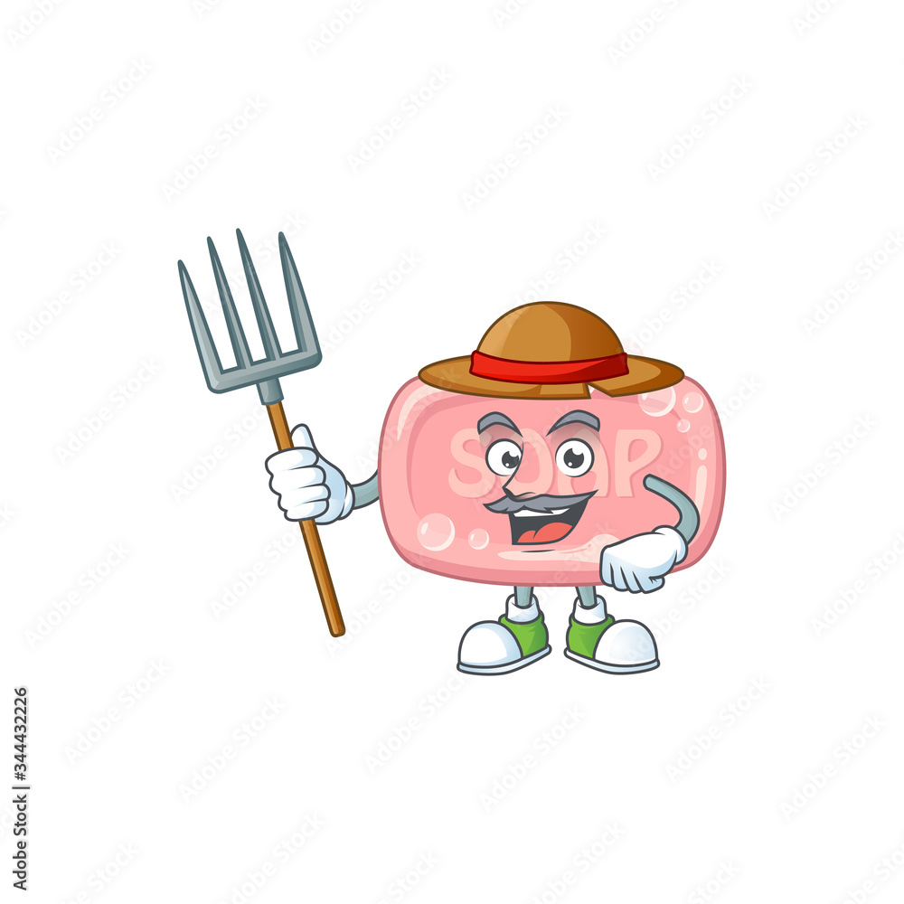 Mascot design style of Farmer pink soap with hat and pitchfork Mascot design style of Farmer pink soap with hat and pitchfork