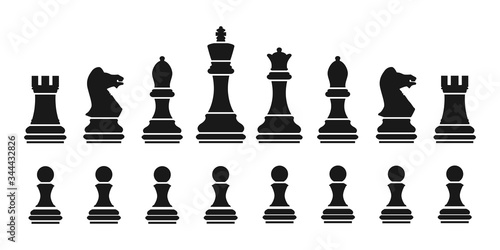 Set chess. Silhouettes of chess pieces. An ancient logic game. Vector illustration isolated on a white background for design and web.