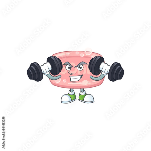 Fitness exercise pink soap cartoon character using barbells