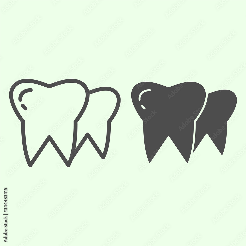 Fototapeta Tooth line and solid icon. Two human health teeth outline style pictogram on white background. Dental care and oral hygiene signs for mobile concept and web design. Vector graphics.