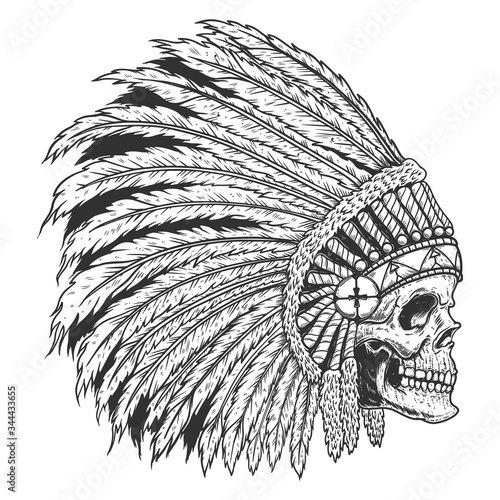 Illustration of native indian skull in traditional headdress. Design element for logo, label, emblem, sign, badge. Vector illustration