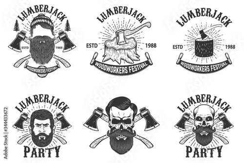 Set of lumberjack festival emblems. Lumberjack skull with crossed axes. Design element for poster, card, banner, logo, emblem, sign, badge. Vector illustration