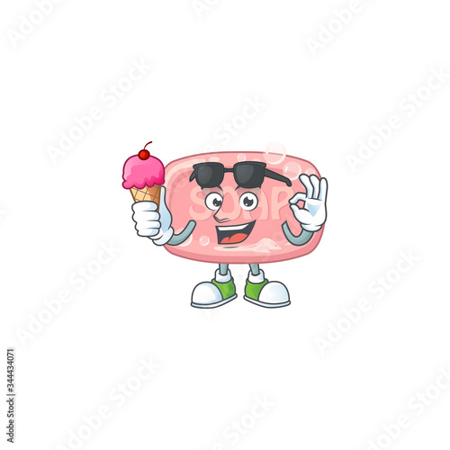 Cute pink soap cartoon character enjoying an ice cream