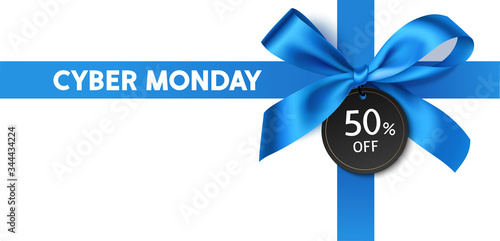 Cyber monday sale design template. Decorative blue bow with price tag. Vector illustration.