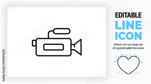 Editable line icon of a videocamera with a lens and a microphone on top of it used by news media for video recording in a modern black stroke on a clean white background as a eps vector symbol file