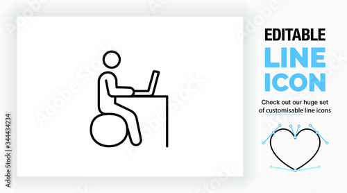 Editable line icon of a stick figure sitting on a ergonomic ball