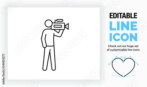 Editable line icon of a stick figure cameraman in full body view with a video recorder on his shoulder used by live news media en the movie industrie in a clean black stroke as a eps vector symbol