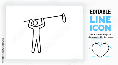 Editable line icon of a recording sound man or sound engineer holding a microphone on a stick to put above the subject in a modern black stroke on a clean white background as a eps vector symbol 