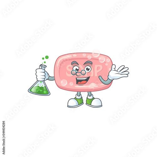 Pink soap genius Professor Cartoon character holding glass tube