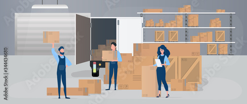 Delivery team. Large warehouse. Movers with boxes. The girl with the list. The concept of moving, transporting and delivering goods. Vector.