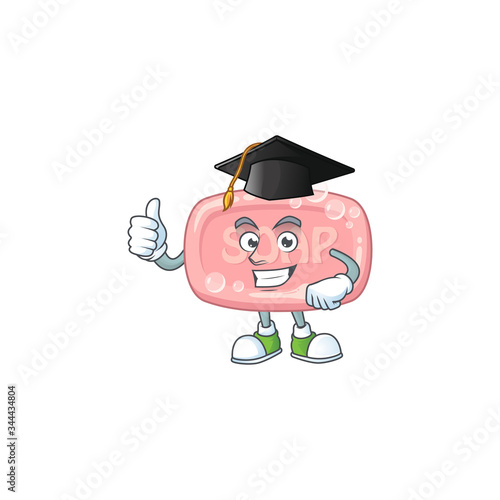 Mascot design concept of pink soap proudly wearing a black Graduation hat