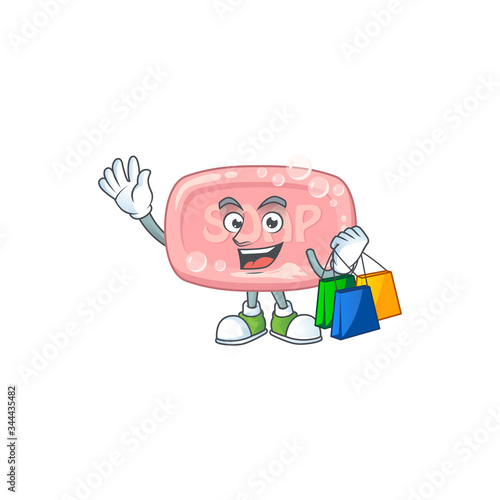 cartoon character concept of rich pink soap with shopping bags