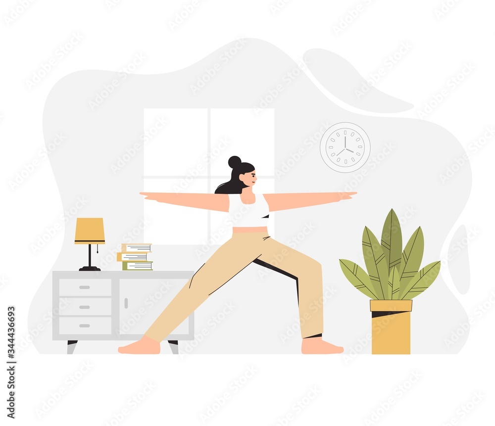 A young woman doing yoga in a cozy room with a modern interior, the concept of yoga, home fitness and stay at home. Flat style vector illustration. Sport and fitness, healthy lifestyle.