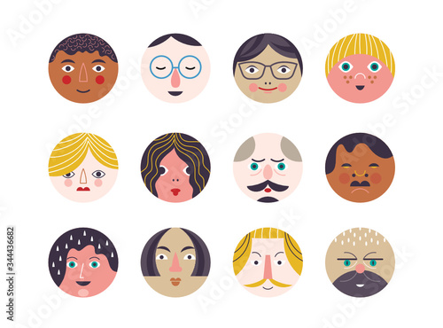  People Avatar Face icons, set stylized portraites in round frame , cartoon people