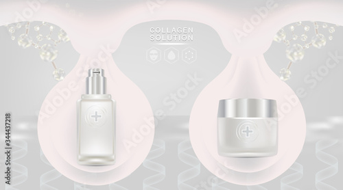 Beauty product ad design, white cosmetic container with collagen solution advertising background ready to use, luxury skin care banner, illustration vector.