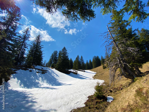 The early spring atmosphere with the last remnants of winter and snow in the Eigental alpine valley, Eigenthal - Canton of Lucerne, Switzerland (Kanton Luzern, Schweiz) photo