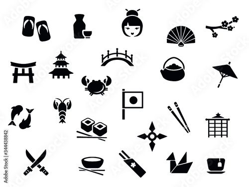 Simple Black Flat Drawing of a Japanese Culture Symbols Set Collection