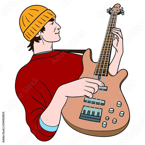 cool bass player holds his bass guitar in his hand. hat, red sweater, comic, music.