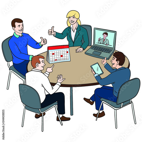 a team sits at the table and holds a conference with a laptop and calendar. vote, comic, workshop.