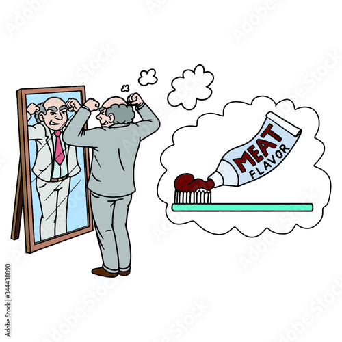 businessman looks at himself in the mirror and has a stupid idea. comic, overconfidence.
