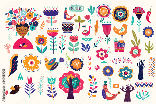 Mexican collection of plants, flowers, red pepper and birds. Colorful stylish Mexican ornaments for decoration projects and fabric and textile patterns. Folk, ethnic pattern   photo
