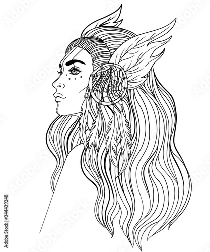 Isolated on white illustration of Native American Indian girl with feathers and dream catcher. Tribal Fusion Boho Diva.