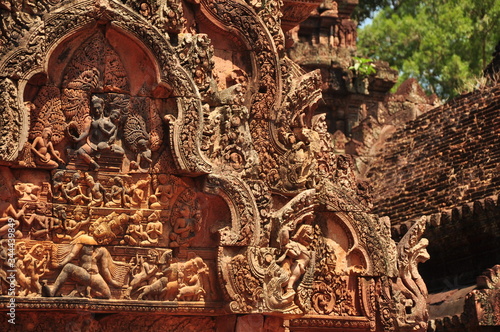 Cambodia Angkor wat temple with Buddhism relief sculpture on ancient architecture heritage.   photo