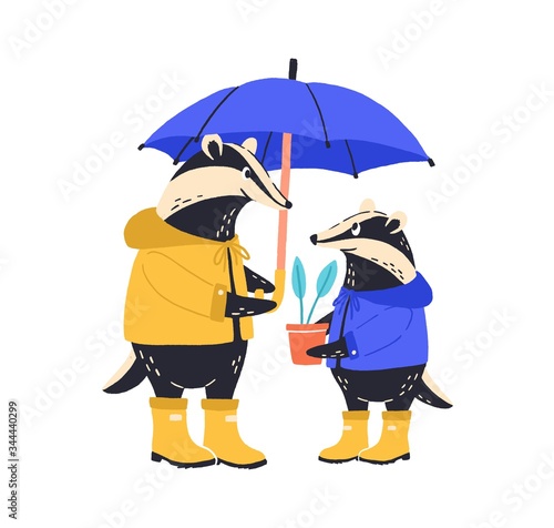 Cute badger family standing together isolated on white background. Animal parent and cub dressed in coat and rubber boots hold umbrella and house plant. Vector illustration in flat cartoon style