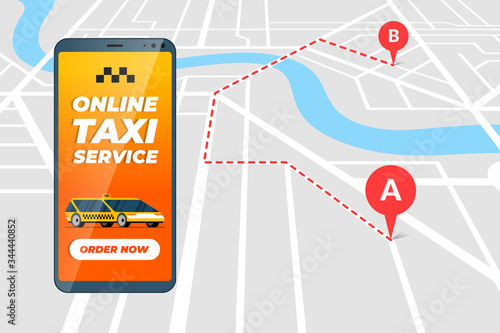 Smartphone with online taxi ordering service app concept. Cab transfer route and geotag gps location pin arrival address on city map. Get taxicab positioning application flat vector illustration