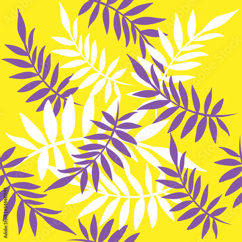 Stock vector illustration with tropical leaves on a yellow background seamless pattern. Summer collection. Tropical leaves isolated