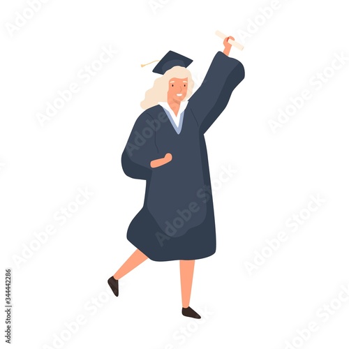 Smiling girl celebrating graduation isolated on white background. Young woman dressed in robe and cap. Happy graduated student holding diploma. Vector illustration in flat cartoon style