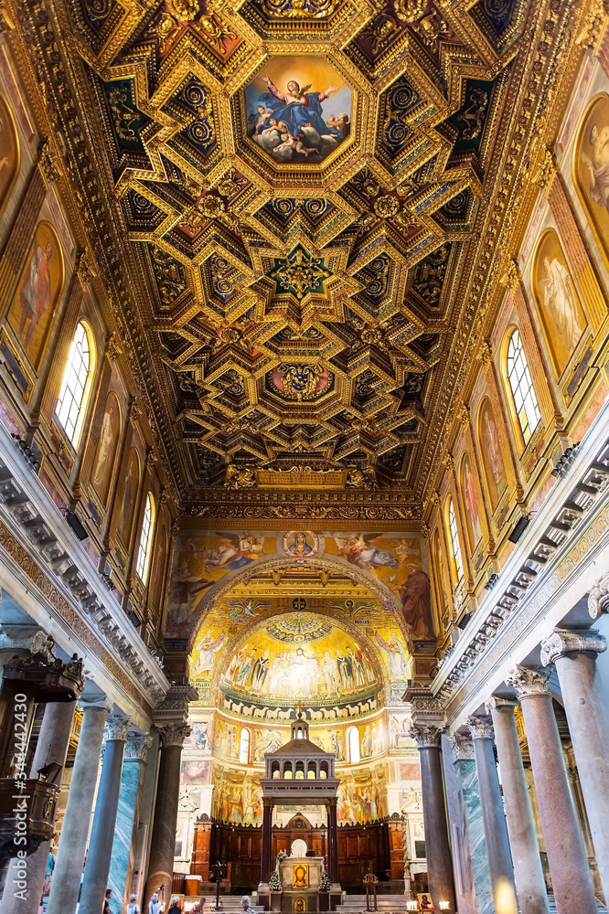 Inside of The Basilica of Santa Maria in Trastevere, one of the oldest churches in Rome. Italy