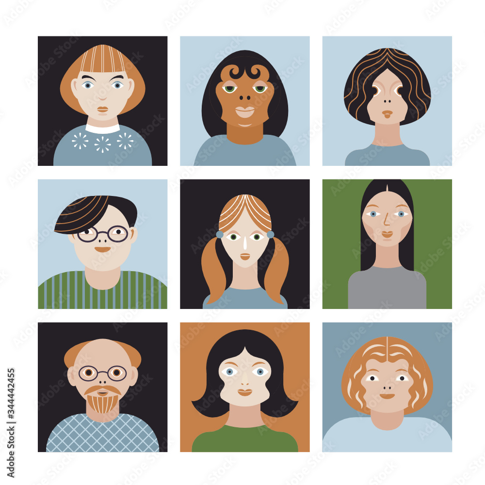 Plakat People Avatar Face Collection icons, set of stylized vector portraits in minimalist style, cartoon emotion characters