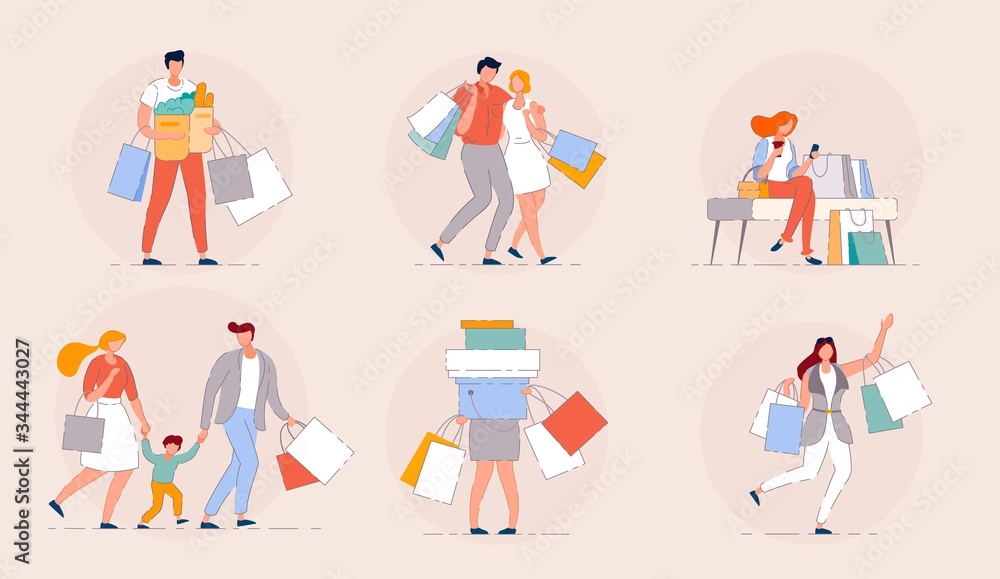 People shopping. Happy family shopping in a mall sale season concept. Group of people shopping bags with purchases. Cartoon couple customers isolated vector. Happy girl sitting in a mall with bags.