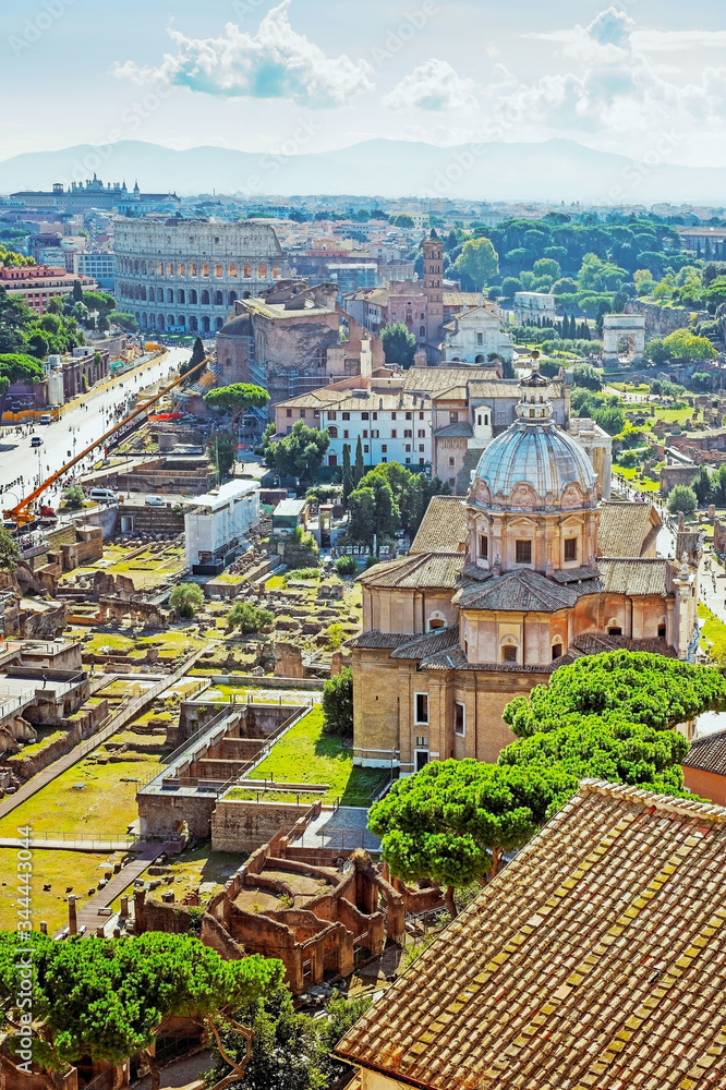 Roman Forum and Colosseum, view from above. Rome, Italy