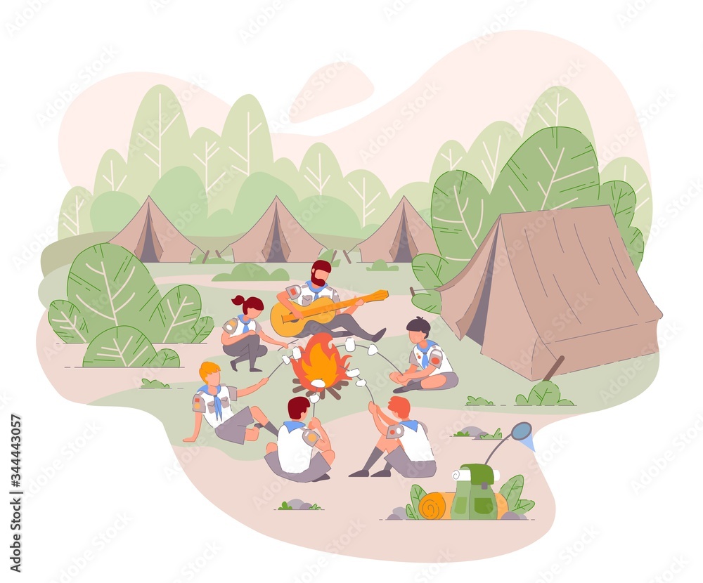 Scout camp. Children in the camp by bonfire and playing guitar. Group of teen kids on outdoors party at summer. Cartoon boy and girl in forest adventures with tent scout camp. Vector young scout kids.