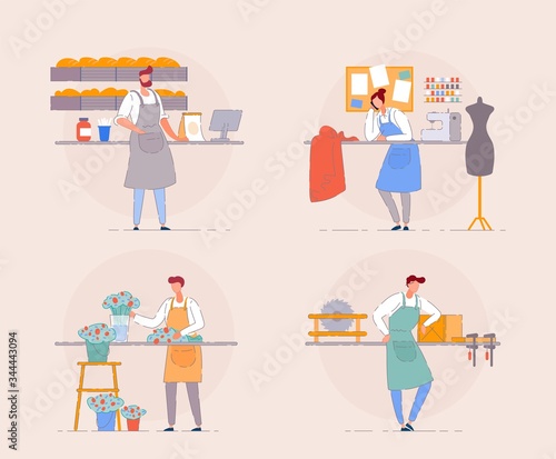 Small business owner. Cartoon portrait of business owner on workplace. Florist in flower shop, baker in a small bakehouse, carpenter and textile shop owner. Entrepreneur small business start open work