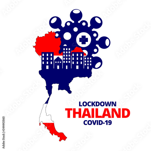 Illustration vector graphic of the buildings on Thailand map with the coronavirus symbol and lockdown Thailand text.Corona virus quarantine, lockdown to prevent spread of COVID-19 concepts. Flat style