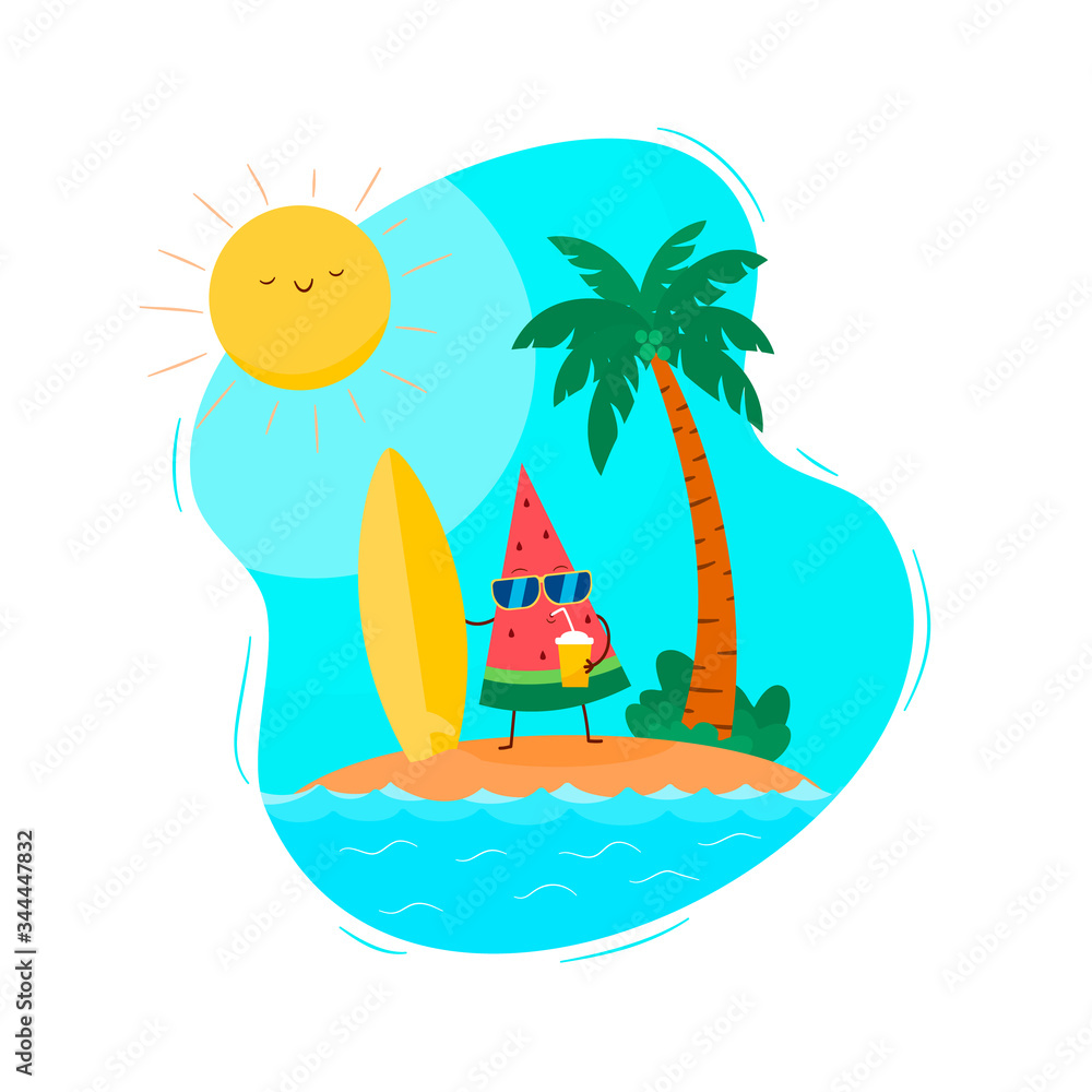 Watermelon character holding surfboard while drinking on an island in summer