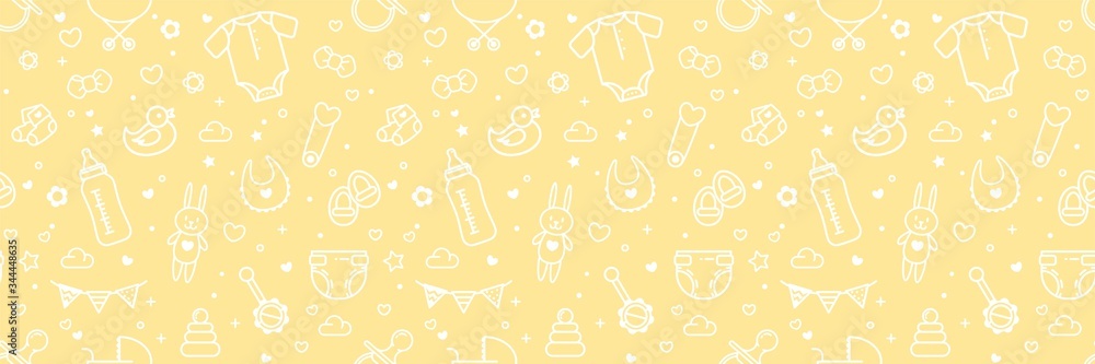 Baby Related Seamless Background In White and Yellow Colors. Vector Cartoon Illustration Baby Related Seamless Background In White and Yellow Colors. Vector Cartoon Illustration