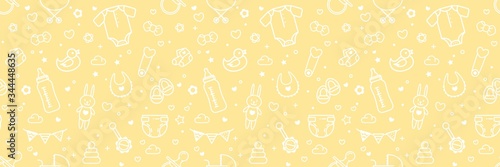 Baby Related Seamless Background In White and Yellow Colors. Vector Cartoon Illustration