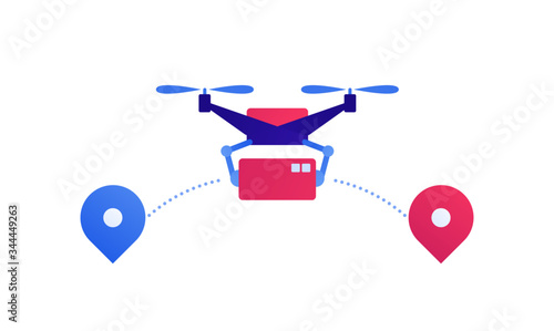 Drone flying aviation and unmanned logistic service concept. Vector flat illustration. Robot delivery package on route between map pin. Design for banner, poster, infographic.