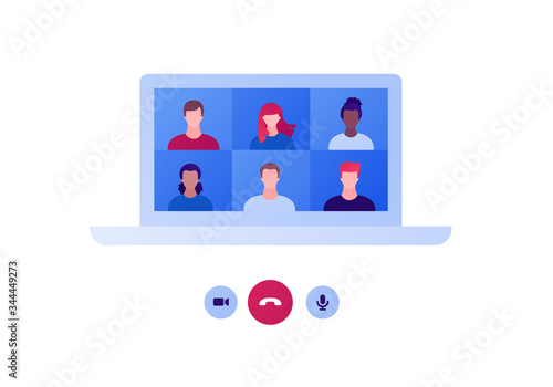 Video teleconference and remote online meeting concept. Vector flat person illustration. Group of multiethnic people avatar on laptop computer screen. Design for banner, web, infographic