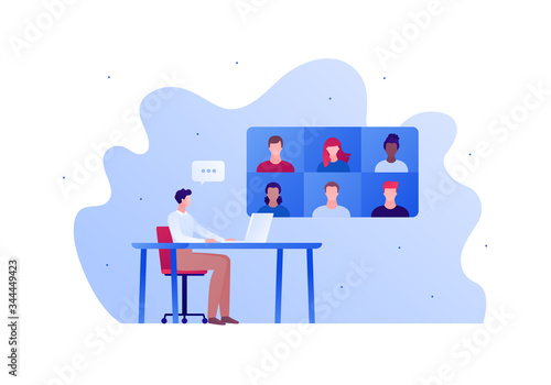 Video teleconference for home education or friend party concept. Vector flat person illustration. Group of people avatar on screen. Male sitting on desk with laptop. Speech bubble. Design element.