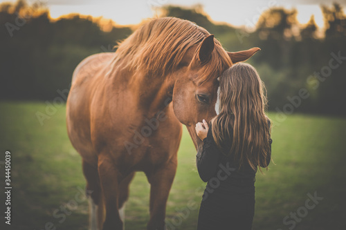 Cute little girl with her horse on a lovely meadow lit by warm evening light photo