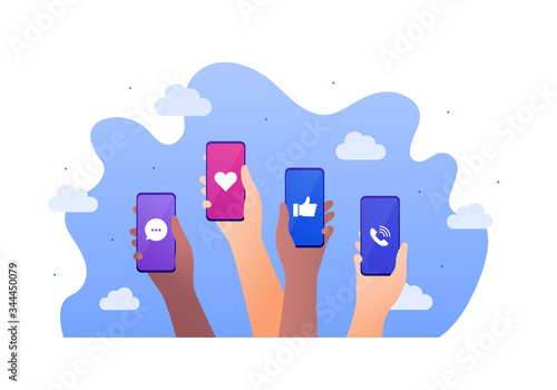 Smartphone social media app concept. Vector flat illustration. Call and message, thumbs up, heart shape like sign. Group of multiethnics hands hold smart phone. Design for banner, poster, ui.