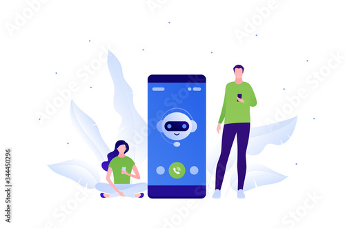 Chat bot ai and customer service support concept. Vector flat person illustration. Man and woman hold smartphone. Chatbot on mobile phone screen with call sign. Design element for banner, poster